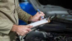 Mid-section of mechanic preparing a check list