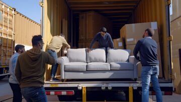 Four men loading a couch into a semi trailer.
