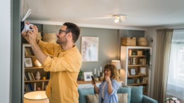 Couple,Adult,Caucasian,Man,And,Woman,At,Home,Connecting,Setup